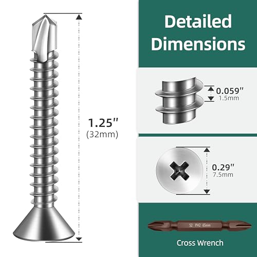 250pcs #8 x 1-1/4 Sheet Metal Self Tapping Screws Assortment Kit, 410 Stainless Steel Flat Head High-Strength Fast Self-Drilling Screws, Bright Finish - size: #8x1-1/4"