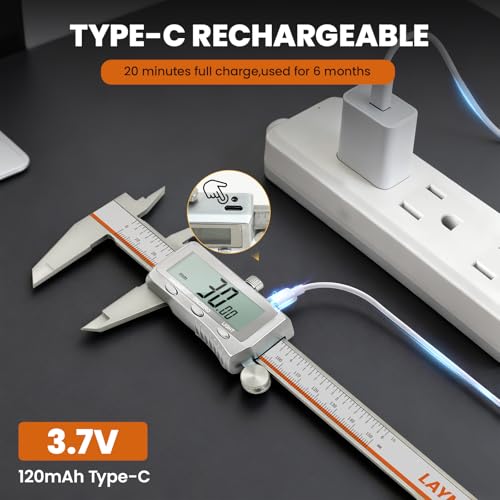 LAYME Digital Caliper 6 Inch, Rechargeable USB-C, Backlit LCD & Fractions - size: 6 inch