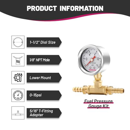 0-15psi Glycerin Filled Fuel Pressure Gauge Kit, 1-1/2" Dial Size, 304 Stainless Steel Case, 5/16" Fuel Line Fuel Pressure T-Fitting Adapter, Lower Mount, with High Accuracy… - size: 0-15psi, style: Lower Mount(T-Fitting Adapter)