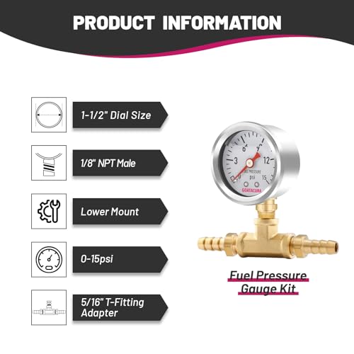 0-15psi Glycerin Filled Fuel Pressure Gauge Kit, 1-1/2" Dial Size, 304 Stainless Steel Case, 5/16" Fuel Line Fuel Pressure T-Fitting Adapter, Lower Mount, with High Accuracy… - size: 0-15psi, style: Lower Mount(T-Fitting Adapter)