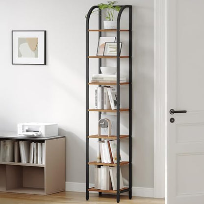 Hzuaneri Bookshelf Narrow Bookcase, Tall Storage Rack with Steel Frame - color: Rustic Brown, size: 11.8 × 11.8 × 82 inch