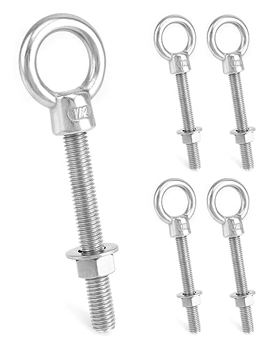 QWORK 316 Stainless Steel Machinery Eye Bolt with Shoulder, 5 Pack 1/2"x4" Long Stainless Steel Marine Grade Shoulder Eye Bolt, Threaded Eyebolts