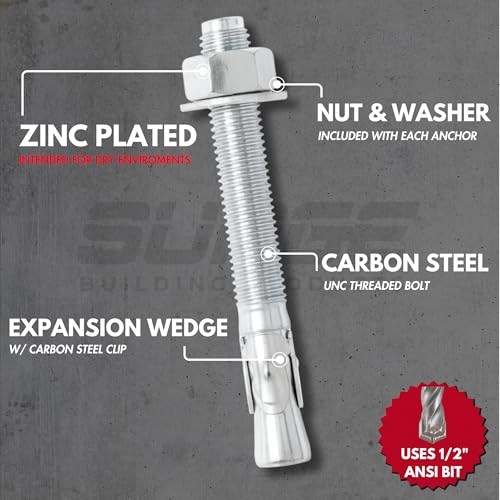 1/2" x 4-1/2" Zinc-Plated Wedge Anchors for Concrete & Cement (Box of 50) - size: 1/2" X 4-1/2"