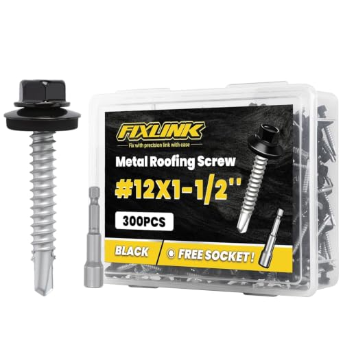 Metal Roofing Screws #12 x 1-1/2", 300 PCS, FIXLINK Baking Paint Hex Head Rubber Washer Sheet Metal Roof Screws Self Drilling Metal to Wood Siding Screws, Hex Socket Included, Black - color: Black, size: #12 x 1-1/2"