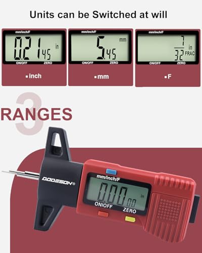 GODESON Red Digital Tire Tread Depth Gauge - 3 Modes (Fractional/Decimal Inch/Millimeter), Zeroable & Accurate, LCD Display,Tire Tread Measure Tool for Cars, Motorcycles, SUV, Trucks & Vans