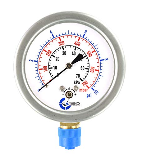 Diaphragm Low Pressure Capsule Gauge, 2-1/2" Dial, 10 PSI Range, 1/4" NPT Lower Mount, Stainless Steel Case, Brass Internals, Adjustable, Scales 10 PSI / 70 kPa / 700 mBar - size: 10 PSI