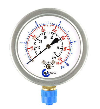Diaphragm Low Pressure Capsule Gauge, 2-1/2" Dial, 10 PSI Range, 1/4" NPT Lower Mount, Stainless Steel Case, Brass Internals, Adjustable, Scales 10 PSI / 70 kPa / 700 mBar - size: 10 PSI