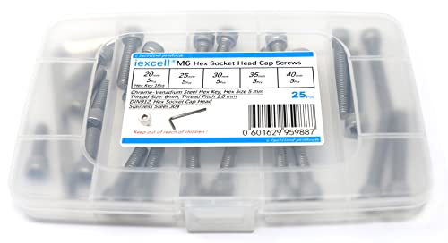 iexcell 25 Pcs M6 x 20/25/30/35/40mm Thread Pitch 1 mm Stainless Steel 304 Hex Socket Head Cap Screws Bolts Assortment Kit - size: M6 x 20/25/30/35/40mm