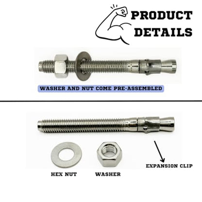 MIGHTY FASTENERS 316 SS Wedge Anchors 1/2"-13 x 4-3/4", 10 Pack - size: 1/2"-13 X 4-3/4"