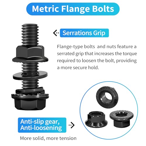 250PCS M6 Flange Hexagon Screws Serrated Flange Nuts Washers,M6-1.0 x 12/16/20/25/30mm Flanged Hex Head Bolts Assortment Kit, Alloy Steel Class 10.9 Black Zinc Plated (M6-1.0 Black) - size: M6-1.0 Black