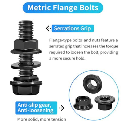 250PCS M6 Flange Hexagon Screws Serrated Flange Nuts Washers,M6-1.0 x 12/16/20/25/30mm Flanged Hex Head Bolts Assortment Kit, Alloy Steel Class 10.9 Black Zinc Plated (M6-1.0 Black) - size: M6-1.0 Black