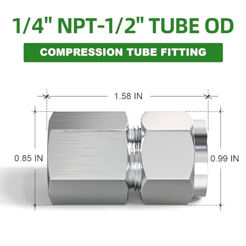 TAISHER 2PCS 304 Stainless Steel Compression Tube Pipe Fitting Connector, 1/2" Tube OD x 1/4" NPT Female Straight Adapter - size: 1/2" OD x 1/4" FNPT