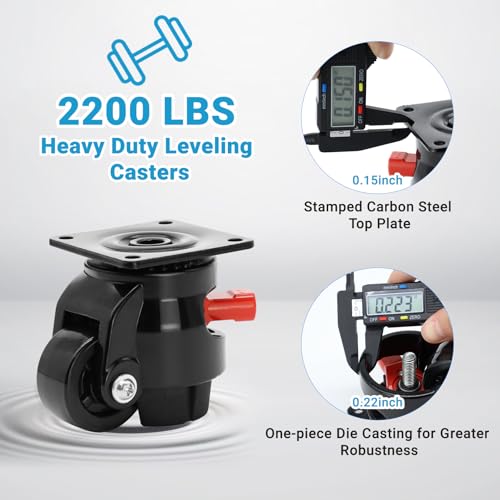 Nefish Heavy Duty Leveling Machine Casters 2200 LBS, Upgraded Ratchet Arm Design Leveling Retractable Castors Set of 4, Aluminum Base & Industrial Grade Rubber Workbench Caster for Industrial, Machine - size: 60 F