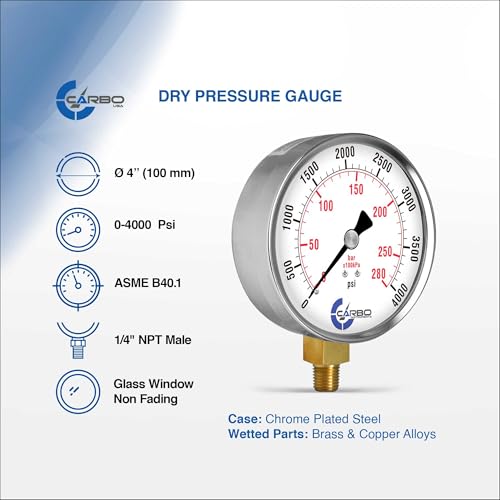 4000 PSI Dry Pressure Gauge, 4" Dial, 1/4 NPT Lower Mount, Chrome Plated Steel Case, Brass Wetted Parts, Dual Scale PSI/Bar - ASME B40.1 Grade A - size: 0-4000 PSI, style: STANDARD