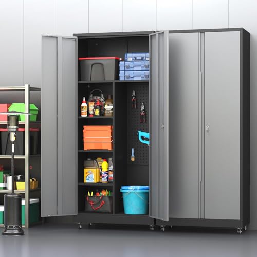 Metal Garage Storage Cabinet with 2 Doors, Adjustable Rolling Tool Storage Cabinet with Lock, 71" Steel Locking Broom Closet with Wheels and Shelves for Garage, Warehouse(Black&Gray, 71" H) - color: Black&gray, size: 71"H(2-Door)