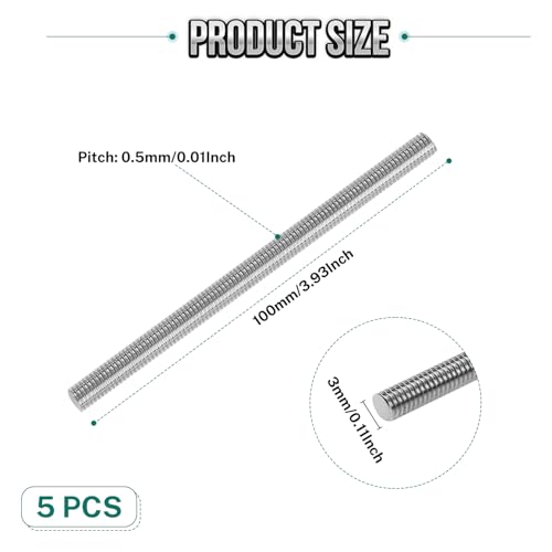5Pcs Fully Threaded Rod & Studs, M3 x 100mm Long Threaded Screw, 0.5mm Thread Pitch, 304 Stainless Steel Right Hand Thread Bar Studs for Furniture Machinery Assembly - size: M3 x 100mm