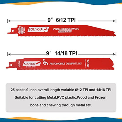 25 Pack 9 Inch 6/12 Tpi Reciprocating Saw Blades Bi-Metal with Coating Stud and Reciprocating Saw Blades for Cutting Embedded Wood Metals PVC Pallets etc. - size: 9in 25Pack, style: 6/12 Tpi