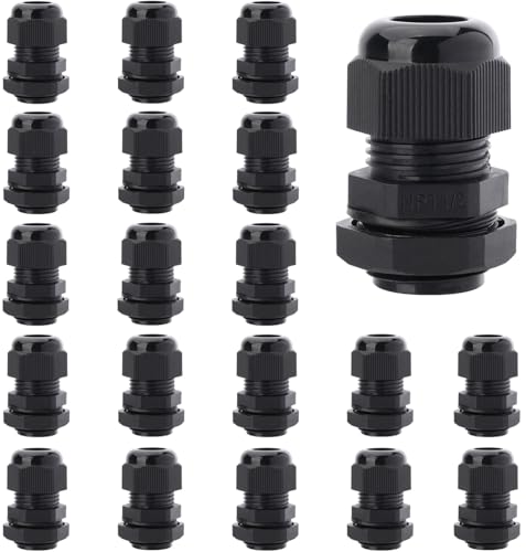 20PCS 1/2'' NPT Cable Gland Waterproof Adjustable 6-12mm/0.24-0.47inch Nylon Cable Glands Joints with Gaskets (1/2'', 20PCS) - size: 1/2'' NPT 20pcs