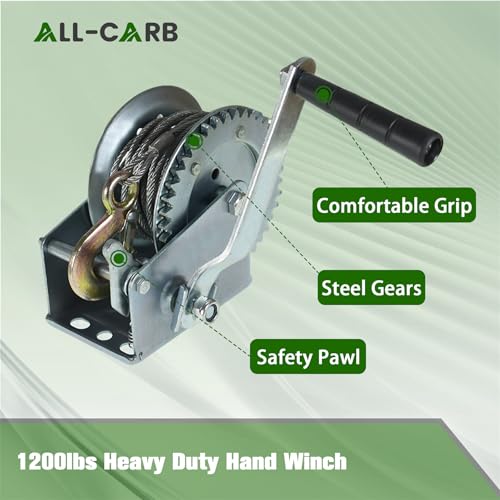 ALL-CARB 1200lbs Heavy Duty Hand Winch Boat Winch with 10m 32ft Steel Cable for Boat Trailer
