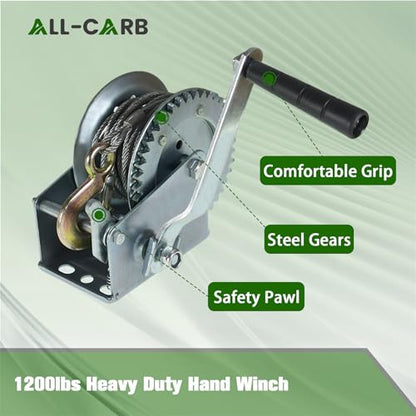 ALL-CARB 1200lbs Heavy Duty Hand Winch Boat Winch with 10m 32ft Steel Cable for Boat Trailer