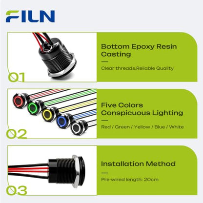 3PCS 19mm 20A Latching LED Push Button Switch IP67 12V-24V DC Yellow - color: Yellow Black Shell, size: Latching