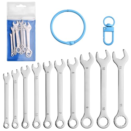 10PCS Super-Thin Mini Wrench Set Standard Metric 4mm-11mm Stainless Steel Ignition Wrenches Open End and Box End Combination Wrench Set for Tight Spaces, Circle Ring, Gate Clip in Pouch - size: Ultra-Thin Metric