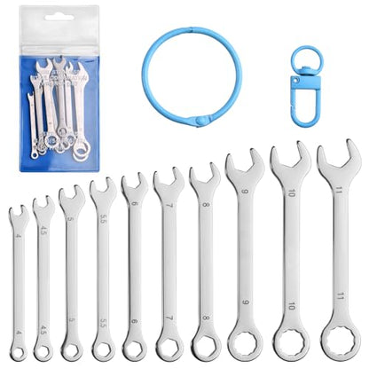 10PCS Super-Thin Mini Wrench Set Standard Metric 4mm-11mm Stainless Steel Ignition Wrenches Open End and Box End Combination Wrench Set for Tight Spaces, Circle Ring, Gate Clip in Pouch - size: Ultra-Thin Metric