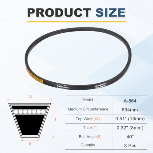 uxcell 3Pcs A864 Rubber V-Belt, 864mm Li x 13mm W x 8mm T, Classic Wrapped - size: A864