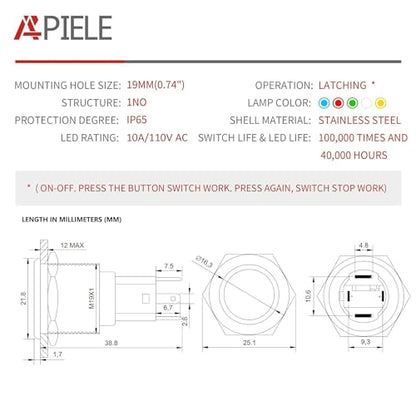 APIELE 19mm Latching Push Button Switch 110V-220V AC 10 Amp SPST LED Waterproof Round Self-Locking 1NO (Silver Stainless Steel, White) - color: Silver Shell-White, size: 19MM