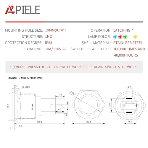 APIELE 19mm Latching Push Button Switch 110V-220V AC 10 Amp SPST LED Waterproof Round Self-Locking 1NO (Silver Stainless Steel, Red) - color: Silver Shell-Red, size: 19MM