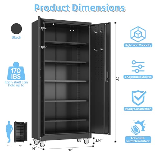 Aobabo Metal Garage Storage Cabinet with Wheels and Pegboard, Black