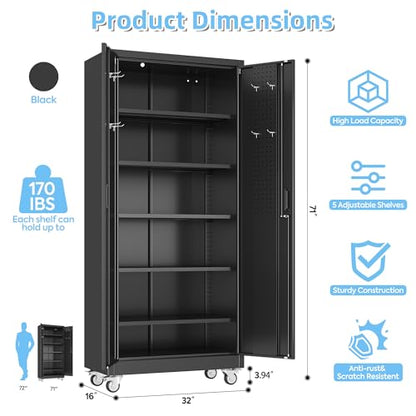 Aobabo Metal Garage Storage Cabinet with Wheels and Pegboard, Black