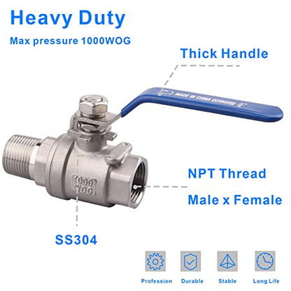 DERNORD 2 Pack Full Port Ball Valve 3/4 Inch - Male x Female Stainless Steel 304 Heavy Duty for Water, Oil, and Gas, 1000WOG - size: 3/4 Inch NPT, style: Pack of 2