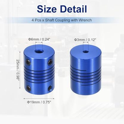 Flexible Shaft Coupling(3mm|6mm): 4 Pcs Blue Aluminum Alloy - color: Blue, size: 3mm x 6mm (19mm OD, 25mm L)