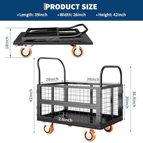 Platform Truck Cart with Cage, Multipurpose 6 in1 Foldable Flatbed Cart Heavy Duty Push Cart Dolly w/Swivel Wheels 1800Lbs Capacity Utility Hand Cart for Grocery, Laundry, Garage, Warehouse