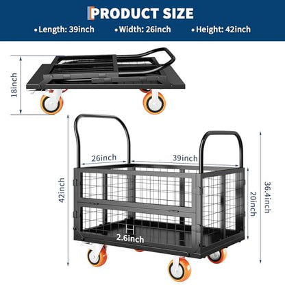 Platform Truck Cart with Cage, Multipurpose 6 in1 Foldable Flatbed Cart Heavy Duty Push Cart Dolly w/Swivel Wheels 1800Lbs Capacity Utility Hand Cart for Grocery, Laundry, Garage, Warehouse