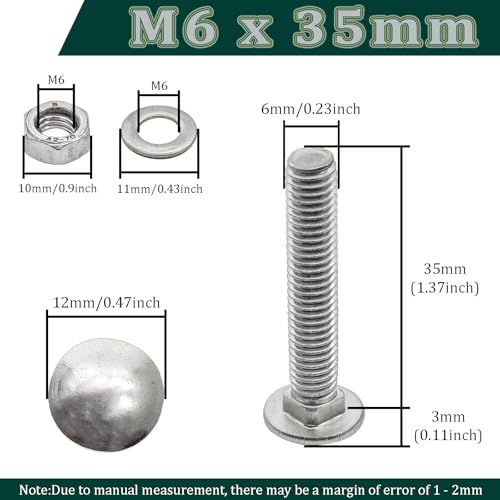 M6 x 35mm Carriage Bolts Kit,304 Stainless Steel Round Head Square Neck Carriage Bolts with Hex Nuts and Flat Washers,Full Thread,Silver(10Sets) - size: M6 x 35mm