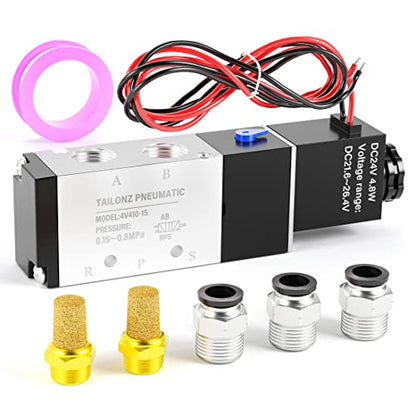 TAILONZ 1/2"NPT DC24V Solenoid Valve 2Position 5Way Outlet wire 4V410-15 - color: DC24V, size: 2 Position 5 Way-1/2"NPT