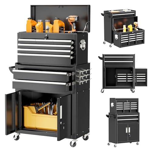 Bonusall Rolling Tool Chest with Wheels, 8 Drawer Metal Tool Cart with Portable Tool Chest and Work Bench, Assembled Tool Box with Drawer and Hooks for Garage, Workshop, Warehouse - Black - color: Black