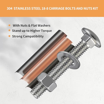 1/4-20 x 2 Carriage Bolts 304 Stainless Steel 18-8,Round Head Square Neck (20Sets) Bolts and Nuts Kit with Flat Washers - size: 1/4-20 x 2"