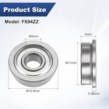 M METERXITY 4-Pack F694ZZ Flanged Ball Bearing, 4 x 11 x 4mm Double Metal Shielded Chrome Steel (GCr15) Flange Rip Bearings for Wheelbarrow/Printer/Fax Machines/Power Tools - size: 4mm x 11mm x 4mm