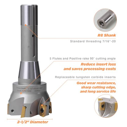 R8 인덱서블 5.1~1.3cm(2~0.5인치) 엔드 밀, 카바이드 인서트 90° 밀링 커터 - size: 2 - 1/2"