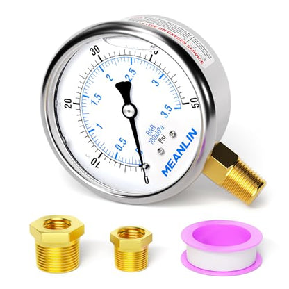 MEANLIN MEASURE 0~50Psi Stainless Steel 1/4" NPT 2.5" FACE DIAL Liquid Filled Pressure Gauge WOG Water Oil Air Lower Mount, with 1/2" NPT and 3/8" NPT Hex Bushing - size: 0-50Psi