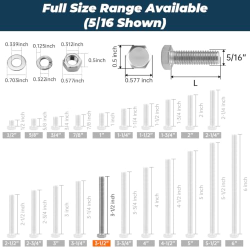 8 Sets Glvaner 5/16-18 x 3-1/2" Stainless Steel Hex Head Screws Bolts, Nuts, Flat & Lock Washers, 18-8 (304) Stainless Steel, Full Thread, Coarse Thread - size: 5/16-18 x 3-1/2"