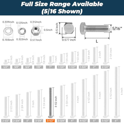 8 Sets Glvaner 5/16-18 x 3-1/2" Stainless Steel Hex Head Screws Bolts, Nuts, Flat & Lock Washers, 18-8 (304) Stainless Steel, Full Thread, Coarse Thread - size: 5/16-18 x 3-1/2"