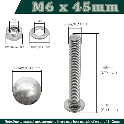 M6 x 45mm Carriage Bolts Kit,304 Stainless Steel Round Head Square Neck Carriage Bolts with Hex Nuts and Flat Washers,Full Thread,Silver(10Sets) - size: M6 x 45mm