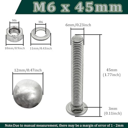 M6 x 45mm Carriage Bolts Kit,304 Stainless Steel Round Head Square Neck Carriage Bolts with Hex Nuts and Flat Washers,Full Thread,Silver(10Sets) - size: M6 x 45mm