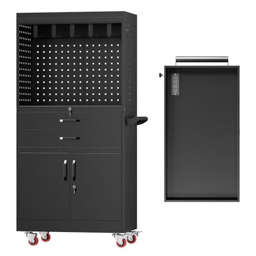 Mobile Tool Cart, Tool Chest with Locking Wheels, Charging Station - color: Original Black