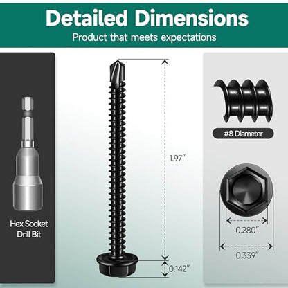 50Pcs #8 x 2 Sheet Metal Screws, 410 Stainless Steel Self Drilling Hex Head Black Self Tapping Screws for Metal with Drill Bit - color: Black, size: #8 x 2"