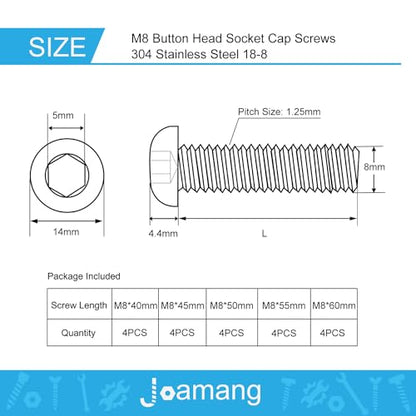 M8 x 40mm 45mm 50mm 55mm 60mm Button Head Socket Cap Screws Bolts, Stainless Steel 304, Metric Allen Hex Drive, Bright Finish, Fully Threaded, Assortment Kit 20PCS - size: Button M8x40-60 mm